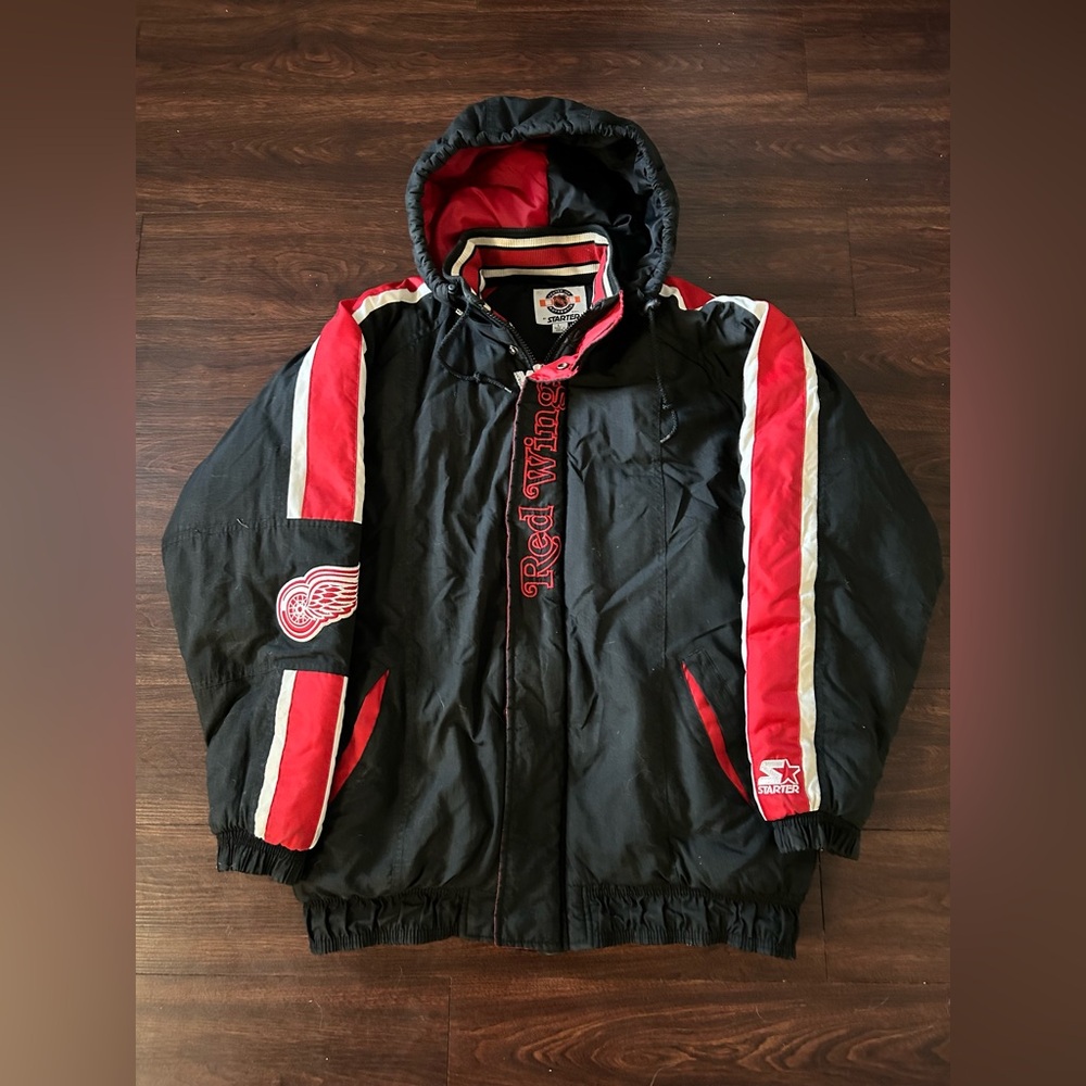 Vintage 80s 90s Men’s NHL Detroit Red Wings Starter Jacket Large Black Puffer